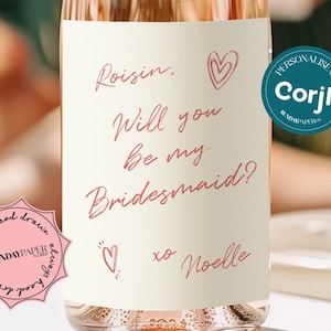 Etiqueta de vino para propuesta de dama de honor: Mensaje personalizado minimalista escrito a mano (Descarga digital)
