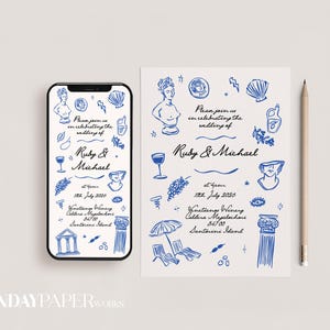Greek Wedding Invitation Template, Destination Wedding Invite & Details, Greece Icons Doodles, Digital Instant Download, Santorini Mykonos
