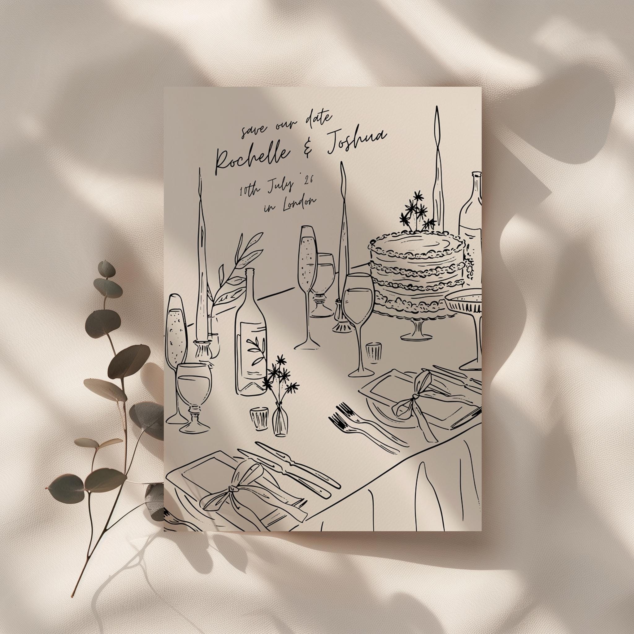 Stylish Save the Date for Elegant Weddings | Minimal Hand Drawn Dinner Party Invitation Template | Custom Unique Illustrated Card