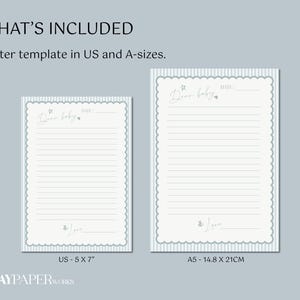May include: Two letter templates, one 5 x 7 inches and the other A5 size (14.8 x 21 cm). Both have a scalloped border and lined interior. The text "Dear baby" is at the top, with space for a date. The bottom has "To love".