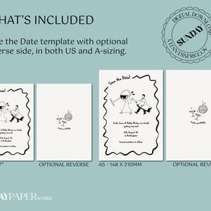 May include: A digital download wedding Save the Date template. The design includes a whimsical illustration of a couple and a disco ball. The template is available in US 5 x 7 inch and A5 - 148 x 210mm sizes, with an optional reverse side.