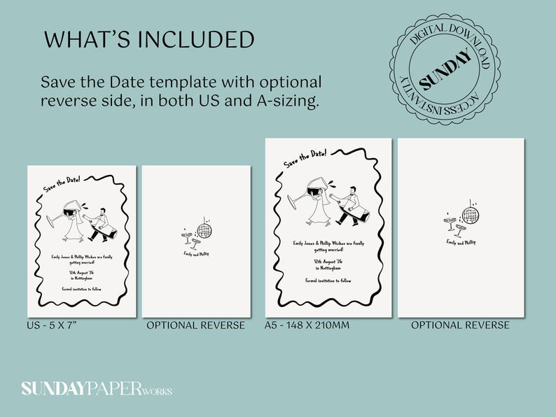 May include: A digital download wedding Save the Date template. The design includes a whimsical illustration of a couple and a disco ball. The template is available in US 5 x 7 inch and A5 - 148 x 210mm sizes, with an optional reverse side.
