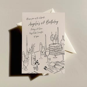 Faire-part de fête élégant pour 40e anniversaire | Modèle de dîner chic dessiné à la main | Carte illustrée personnalisée pour les célébrations autour d'un verre