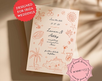 Ibiza Wedding Save the Date Template, Spanish Destination Wedding Invitations, Hand Drawn Spain Doodles Ibiza Theme Parties