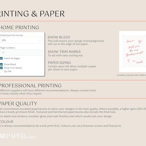 May include: A guide to printing and paper, with sections on home and professional printing, paper quality, and colour. Includes a sample print with text and hearts, and advice on bleed and trim marks.