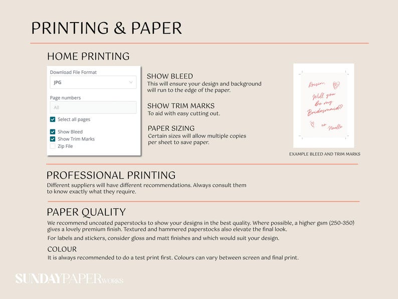 May include: A guide to printing and paper, with sections on home and professional printing, paper quality, and colour. Includes a sample print with text and hearts, and advice on bleed and trim marks.