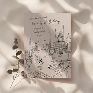 Faire-part de fête élégant pour 40e anniversaire | Modèle de dîner chic dessiné à la main | Carte illustrée personnalisée pour les célébrations autour d'un verre