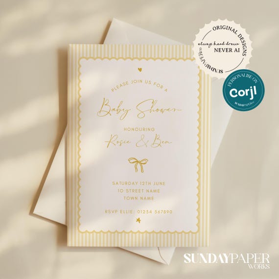 Yellow Baby Shower Invitation Template: Whimsical Striped Gender Neutral Invite (Digital Download) BS02