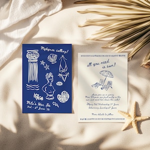 Une invitation amusante dessinée à la main pour un voyage entre filles grecques | d'invitation illustré de griffonnages pour les fêtes de fin d'année | Carte unique moderne pour les vacances de Bach