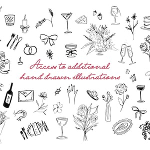 May include: Black and white hand-drawn illustrations of various objects, including flowers, food, and drink. The image includes a cake, wine glasses, a bottle of wine, and the text "Access to additional hand drawn illustrations."