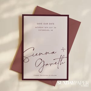 Elegante plantilla burdeos para guardar la fecha: invitaciones imprimibles de dinero antiguo (descarga digital)