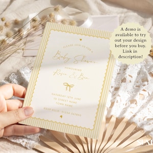 Może przedstawiać: Zaproszenie na baby shower w kolorze kremowym i złotym z falistą krawędzią i pionowymi paskami. Zaproszenie zawiera tekst "Baby Shower" oraz imiona "Rose & Ben". Dostępne jest demo, aby wypr&oacute;bować sw&oacute;j projekt przed zakupem.