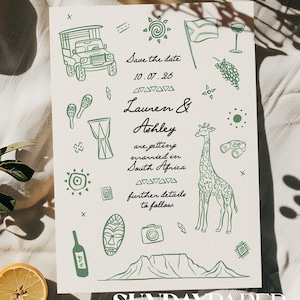 May include: A cream wedding invitation featuring green line drawings of a jeep, giraffe, and South African flag. The text says "Save the date" and names Lauren & Ashley, with the date 10.07.26. The invitation is from Sunday Paper Works.