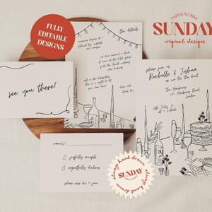 Suite d'invitations élégantes pour mariages élégants | Modèle décontracté d'invitation et de RSVP dessinés à la main | Cartes uniques illustrées pour les célébrations autour d'un verre