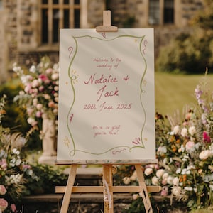 Modèle de plaque de bienvenue pour mariage | Invitations illustrées de griffonnages fantaisistes dessinés à la main | Signalétique de mariage personnalisée modifiable