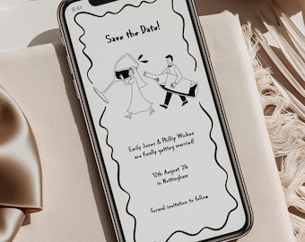 Funny Digital Save the Date for Phone, Cute Illustrated Bride and Groom Couple (Editable Template) 001