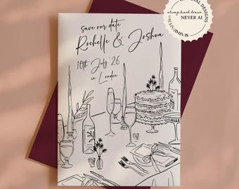 Hand Drawn Save the Date Card: Vintage Inspired Wedding Dinner Illustration (Digital Download) 004