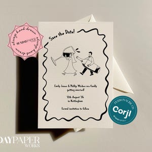 May include: A cream-colored wedding invitation with a black line drawing of a bride and groom. The text "Save the Date!" is at the top, with the names, date, and location below. The invitation is surrounded by a black wavy border.