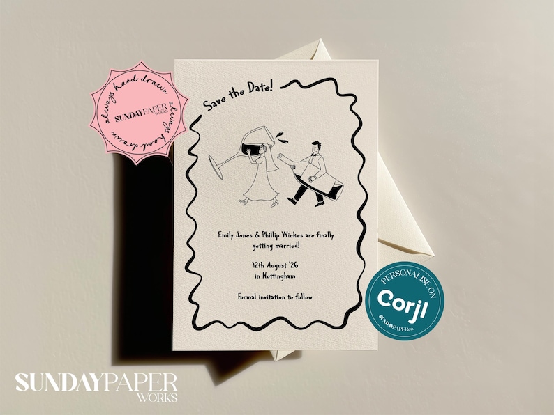 May include: A cream-colored wedding invitation with a black line drawing of a bride and groom. The text "Save the Date!" is at the top, with the names, date, and location below. The invitation is surrounded by a black wavy border.