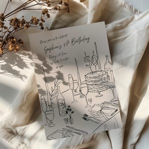 Stilvolle Party Einladung zum 50.Geburtstag | Handgezeichnete stilvolle Dinner-Party-Vorlage | Illustrierte personalisierte Karte für Getränke Feiern