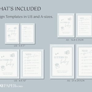 May include: Baby shower sign templates in A5 (14.8 x 21cm) and A4 (21 x 29.7cm) sizes, plus US 5x7 and 8x10 inch formats. The signs display "Letters to Baby" and "Need Inspiration?" in a delicate font, with decorative illustrations.