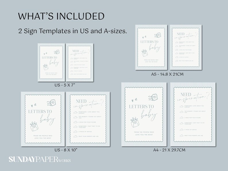 May include: Baby shower sign templates in A5 (14.8 x 21cm) and A4 (21 x 29.7cm) sizes, plus US 5x7 and 8x10 inch formats. The signs display "Letters to Baby" and "Need Inspiration?" in a delicate font, with decorative illustrations.