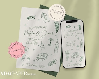 Whimsical Italian Style Save the Date for Destination Weddings | Hand Drawn Save Date for Digital Phone Evites | European Summer Doodles