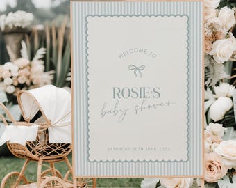 Modello di cartello di benvenuto per baby shower in stile pastello: decorazioni vintage a righe blu per baby shower (download digitale) BS02