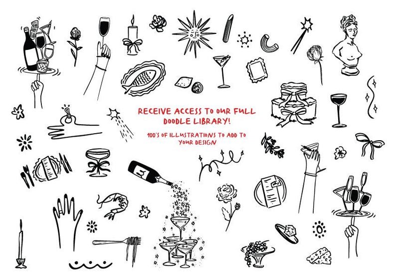May include: A collection of black and white doodle illustrations featuring wine glasses, bottles, food items, and decorative elements. The text says: "RECEIVE ACCESS TO OUR FULL DOODLE LIBRARY! 100'S OF ILLUSTRATIONS TO ADD TO YOUR DESIGN."