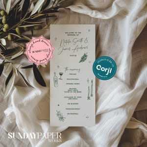 May include: A wedding program featuring the names Natalie Smith & James Andrews, with ceremony details. The design includes green illustrations of a wine bottle, a glass, candles, and olive branches. The program is on a white background.