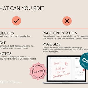 May include: Image detailing customisable template options: colours, text, and photos. A laptop displays a design with handwritten text asking "Will you be my Bridesmaid?" A pink starburst and a teal circle with the word "Corjl" are also shown.