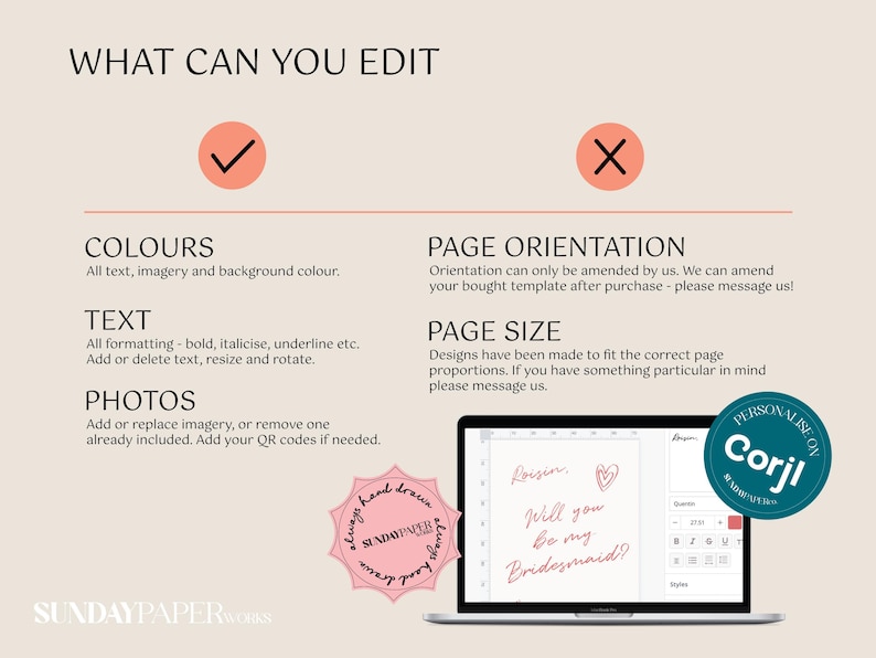 May include: Image detailing customisable template options: colours, text, and photos. A laptop displays a design with handwritten text asking "Will you be my Bridesmaid?" A pink starburst and a teal circle with the word "Corjl" are also shown.