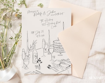 Handgezeichnete Einladungsvorlage | Bearbeitbare Spaßvorlage | Skurrile Hochzeit Design | Einzigartige Einladungen Illustrierte Sophisticated Party 004