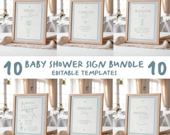 Zestaw pastelowych tabliczek na stół na baby shower: Zestaw 10 gier i dekoracji w paski w stylu vintage w kolorze niebieskim (do pobrania w wersji cyfrowej) BS02