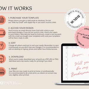 May include: A digital download template design displayed on a laptop screen. The design features text that reads "Roisin, Will you be my Bridesmaid?" in a handwritten style, with a heart symbol. The image also includes instructions on how to use the template.