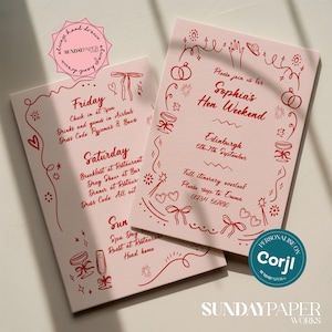 Pode incluir: Dois cartões de convite rosa para uma despedida de solteira com bordas decorativas vermelhas. Os cartões anunciam um fim de semana em Edimburgo, incluindo a data e o itinerário. Os cartões têm ilustrações de laços, corações e taças de champanhe.