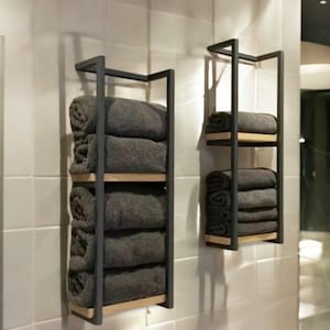 Wall Mounted Metal Towel Rack, Towel Holder with Wooden Shelf