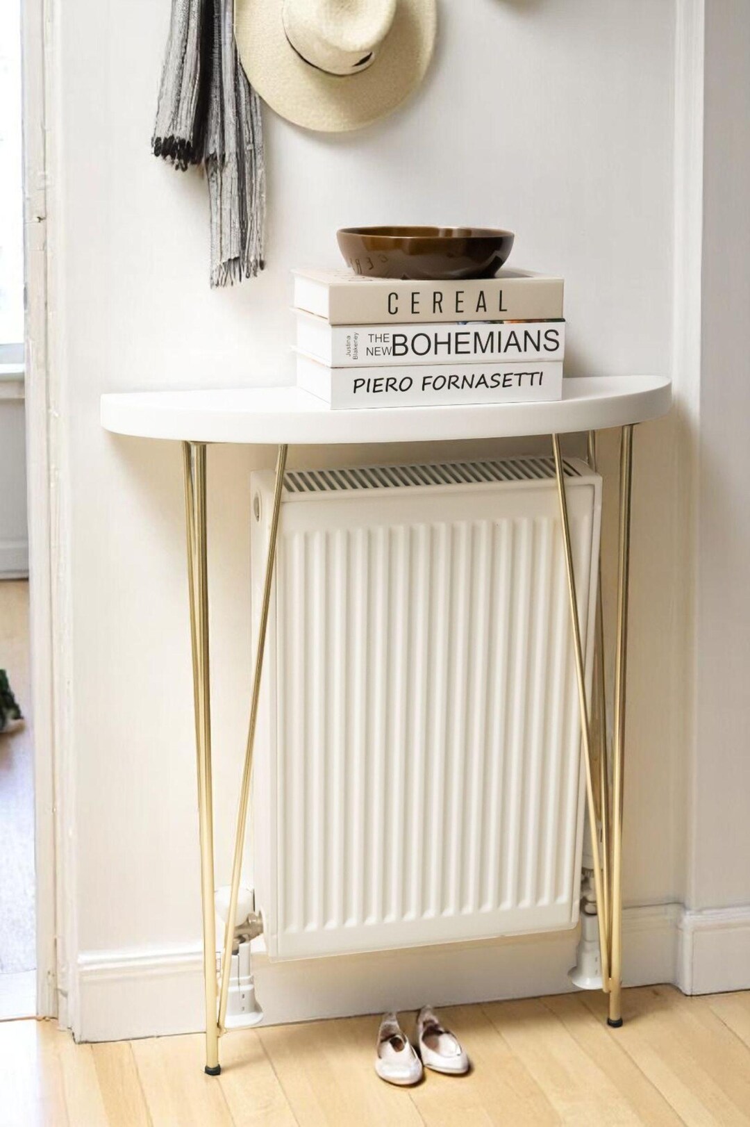 White Coated Radiator Cover Console Table, Modern Hairpin Leg Hallway ...