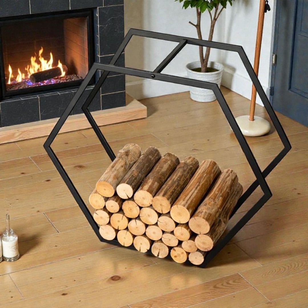 Modern Metal Firewood Rack, Geometric Log Holder, Indoor Fireplace Wood ...