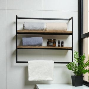 Wall Mounted Wooden Shelf with Metal Towel Rack,  Modern Rustic Bathroom Organizer, Housewarming Gift