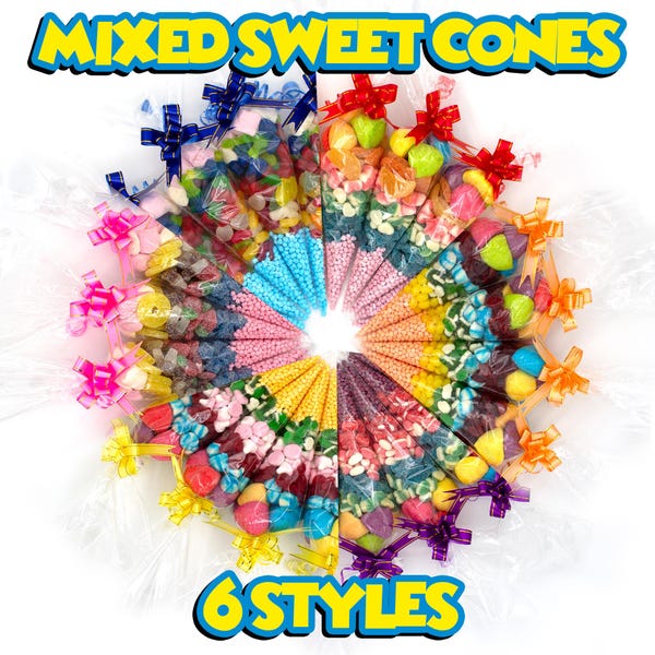 Mixed Sweet Cones - Personalised Pre-filled Party Bags for all Occasions - Fizzy or Non-Fizzy - Vegan Option, Halal Option, Party Favours.