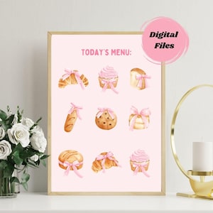 Poster di dolciumi, estetica femminile rosa, arte murale, menù, civetta, fiocco, croissant, cupcake, baguette, biscotto