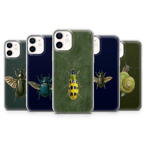 May include: Five clear smartphone cases featuring detailed illustrations of insects and a snail. The designs include a dark green beetle, a blue beetle, a yellow spotted beetle, a dark brown beetle, and a snail on dark green and navy backgrounds.