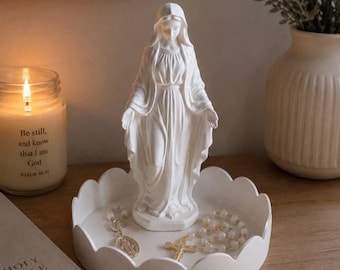 Catholic Rosary Holder Tray with Virgin Mary | Prayer Corner Organizer for Rosary, Jewelry, Devotional Shelf Decor Gift for bedside tabletop
