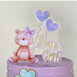 Adornos para tartas de oso con bolas para revelar el género / Lindas decoraciones para tartas de baby shower para niño o niña / ¡Suministros para fiestas de revelación de género!