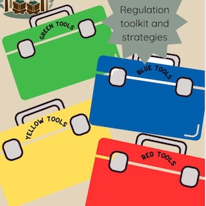 May include: Four colourful toolboxes labelled "Green Tools", "Blue Tools", "Yellow Tools", and "Red Tools". The toolboxes are arranged in a stack, with the green toolbox on top and the red toolbox on the bottom. The image is titled "Regulation toolkit and strategies".