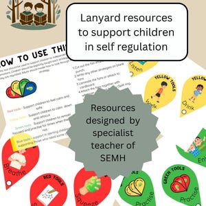Könnte beinhalten: Ein Satz bunter Lanyard-Ressourcen für Kinder, die zur Selbstregulierung verwendet werden können. Die Ressourcen wurden von einem Fachlehrer für SEMH entwickelt. Die Karten zeigen verschiedene Strategien zum Beruhigen, Konzentrieren und Üben. Die Karten sind mit den Wörtern "Atmen", "Kritzeln", "Drücken", "Gehen", "Trinken", "Zuhören", "Üben" und "Genießen" beschriftet.