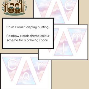 Könnte beinhalten: Ein druckbarer Wimpelbanner mit den Worten "Calm Corner" in weißen Buchstaben auf einem rosa und blauen Aquarellhintergrund. Der Banner ist so konzipiert, dass er einen beruhigenden Raum schafft.