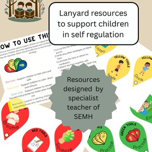Könnte beinhalten: Lanyard-Ressourcen zur Unterstützung von Kindern bei der Selbstregulierung. Das Bild zeigt farbenfrohe Karten mit Texten wie "Atmen", "Quetschen" und "Üben". Entworfen von einer Fachlehrkraft.