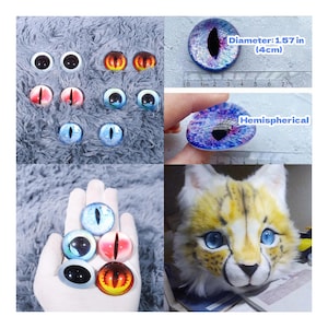 May include: A collection of glass eye cabochons in various colors and designs, including red, blue, and yellow. One eye is measured at 1.57 inches (4cm) in diameter. The image also shows a cheetah head with blue eyes.